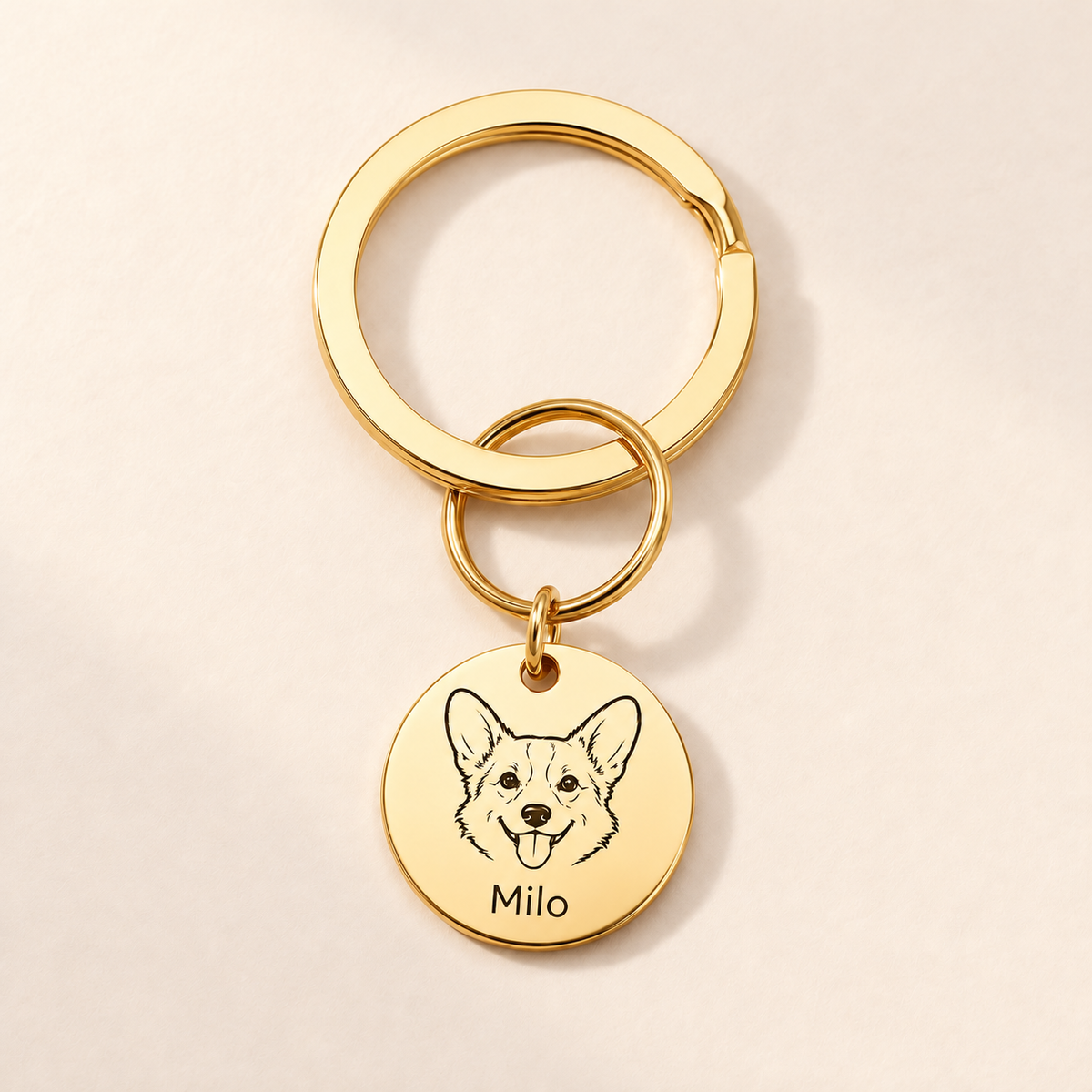 Reference-based AI illustration of a gold-tone keychain with one round tag showing Milo the corgi.