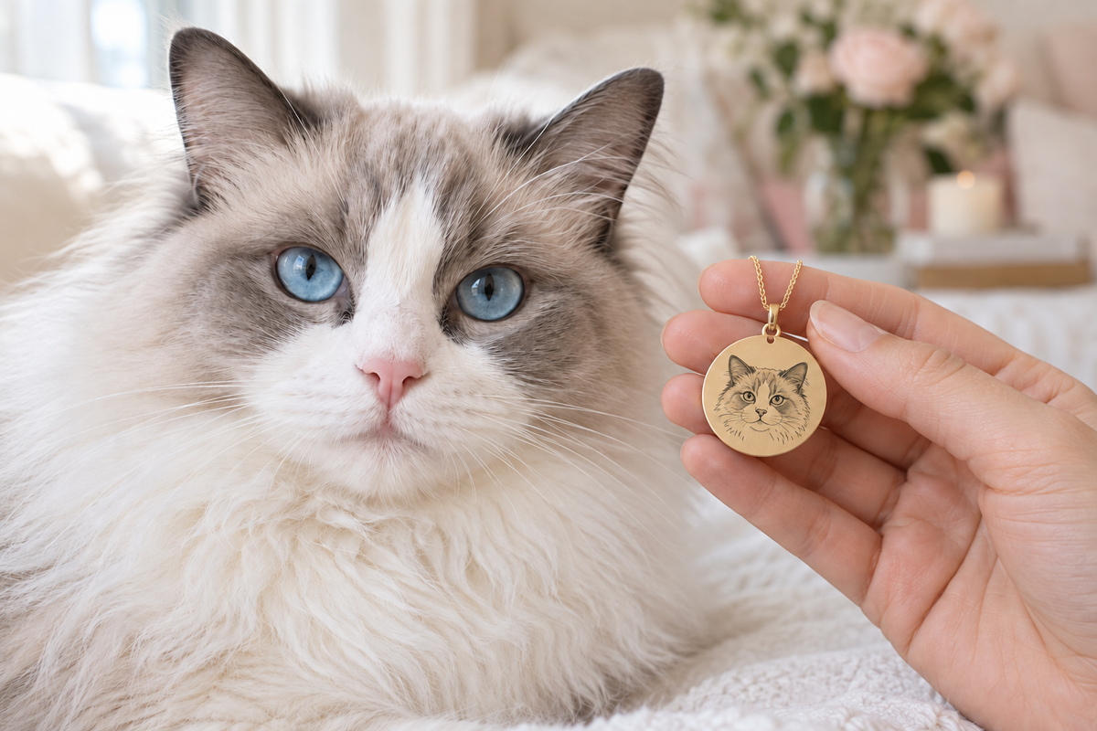 A blue-eyed ragdoll cat beside a gold-tone pendant with a matching engraved cat portrait