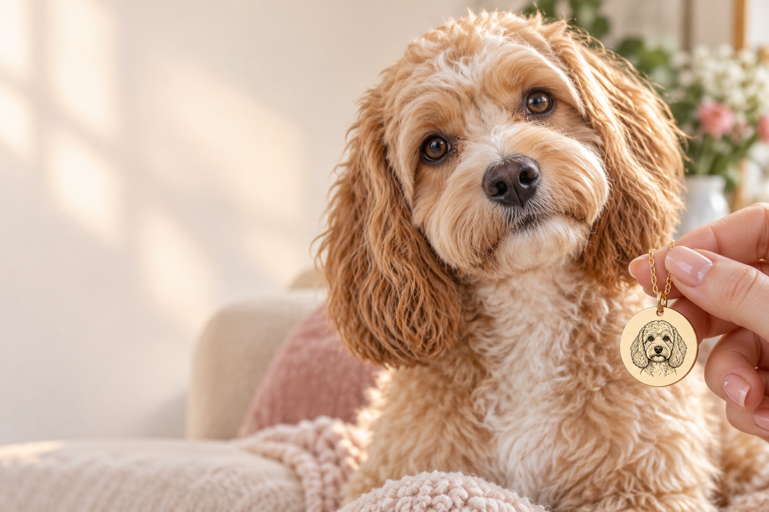 An apricot cavapoo beside a gold-tone necklace engraved with a matching pet portrait
