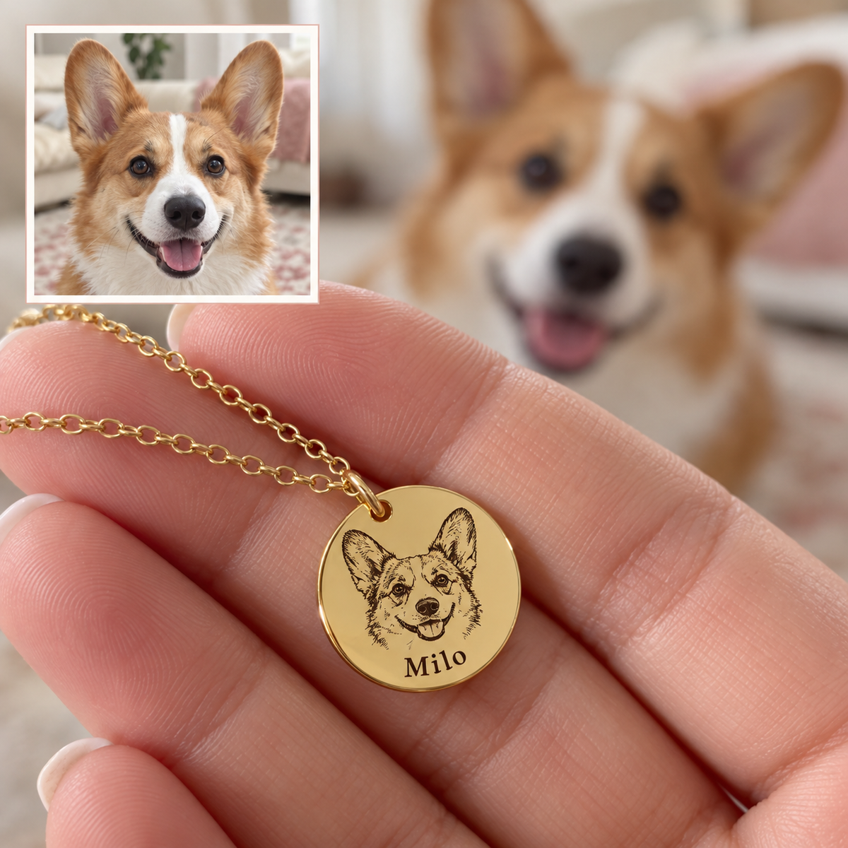 Milo the corgi and a matching gold-tone engraved pendant held in a hand