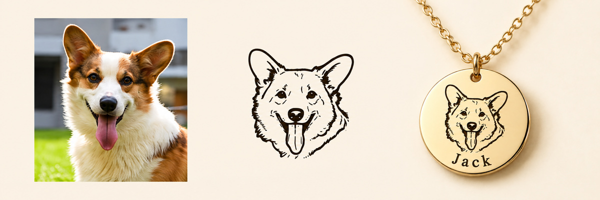 Illustrated example: a corgi photo becomes a line-art portrait, then an engraved pendant